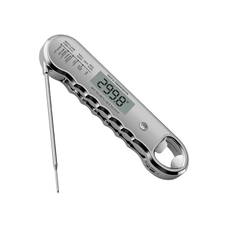 Folding digital thermometer with bottle opener